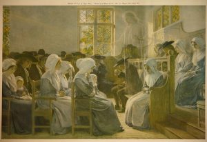 painting of quakers seated with a half-invisible Jesus floating among them